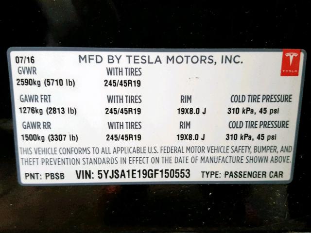 5YJSA1E19GF150553 - 2016 TESLA MODEL S BLACK photo 10