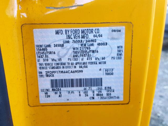 2FDPF17M44CA69599 - 2004 FORD F-150 HERI YELLOW photo 10