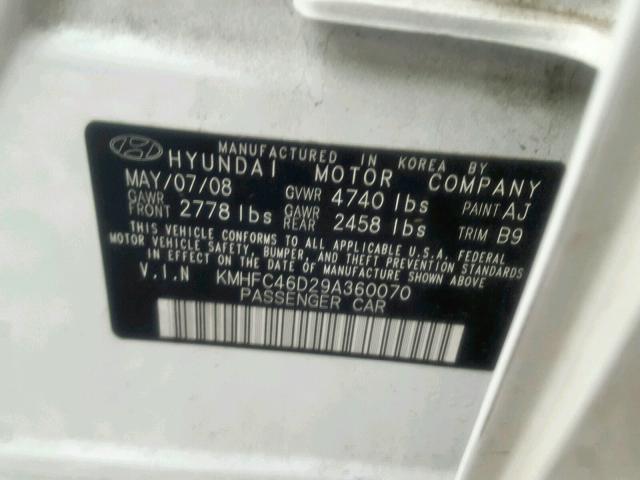 KMHFC46D29A360070 - 2009 HYUNDAI AZERA GLS WHITE photo 10