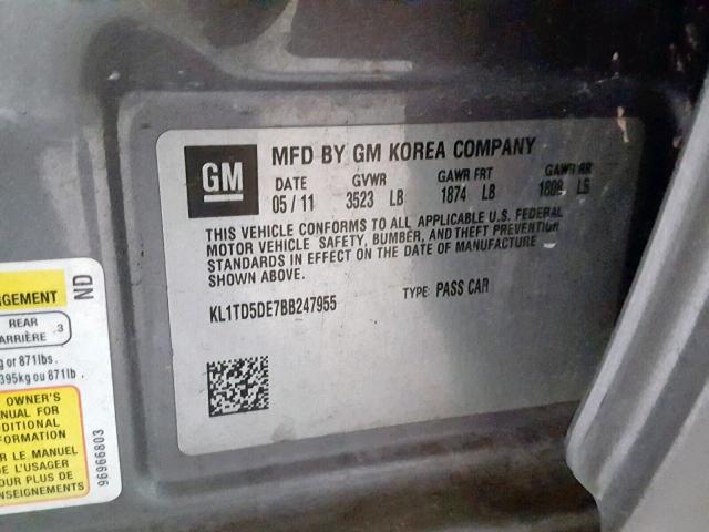 KL1TD5DE7BB247955 - 2011 CHEVROLET AVEO LS SILVER photo 10