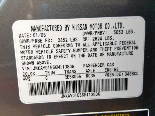 JNKAY01E56M113806 - 2006 INFINITI M35 BASE GRAY photo 10