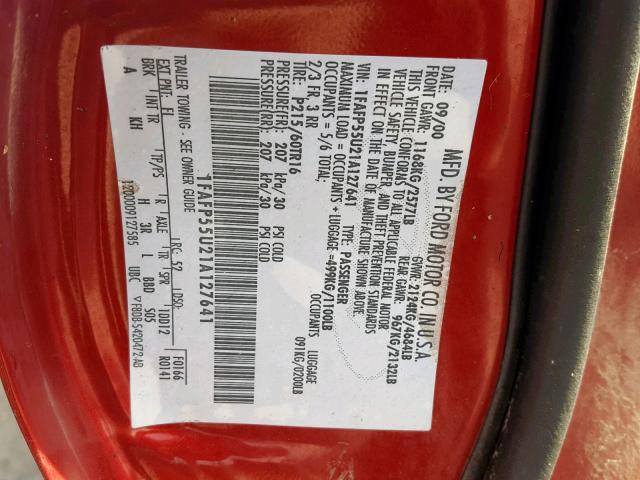 1FAFP55U21A127641 - 2001 FORD TAURUS SES RED photo 10