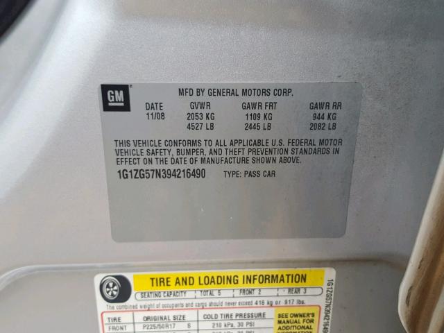 1G1ZG57N394216490 - 2009 CHEVROLET MALIBU LS 银色 照片 10