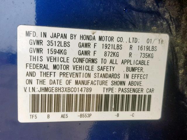 JHMGE8H3XBC014789 - 2011 HONDA FIT BLUE photo 10