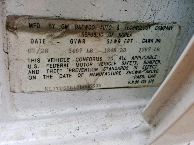 KL1TD56617B065696 - 2007 CHEVROLET AVEO BASE Ақ фото 10