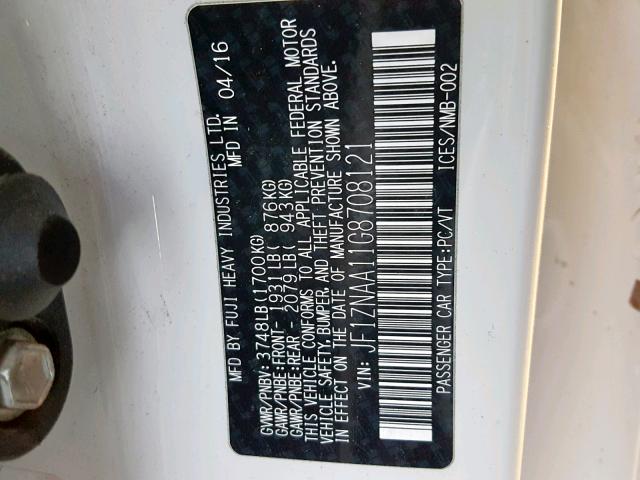 JF1ZNAA11G8708121 - 2016 TOYOTA SCION FR-S WHITE photo 10