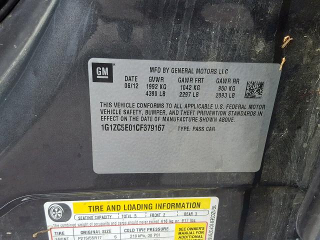 1G1ZC5E01CF379167 - 2012 CHEVROLET MALIBU 1LT CHARCOAL photo 10