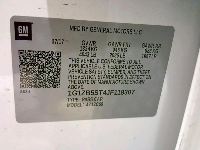 1G1ZB5ST4JF118307 - 2018 CHEVROLET MALIBU LS WHITE photo 10