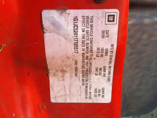 1G1JC524117165517 - 2001 CHEVROLET CAVALIER B RED photo 10