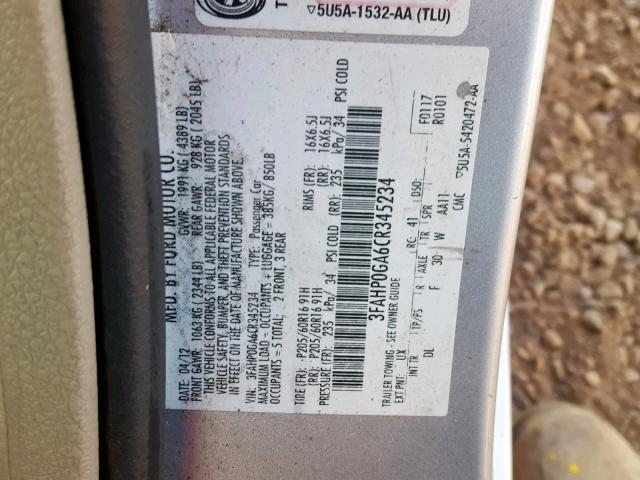 3FAHP0GA6CR345234 - 2012 FORD FUSION S SILVER photo 10