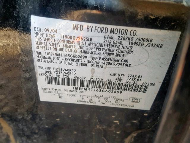 1MEFM41165G602699 - 2005 MERCURY MONTEGO LU BLACK photo 10