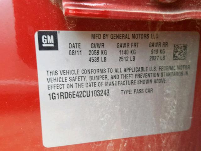 1G1RD6E42CU103243 - 2012 CHEVROLET VOLT RED photo 10