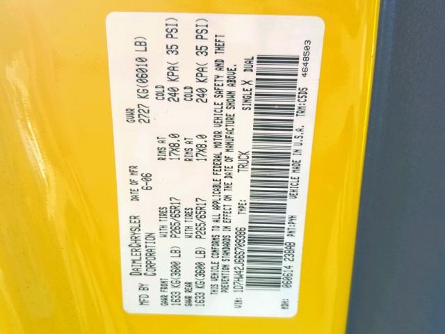 1D7HW42J66S709386 - 2006 DODGE DAKOTA SLT YELLOW photo 10