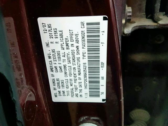 1HGCP26398A054216 - 2008 HONDA ACCORD BURGUNDY photo 10