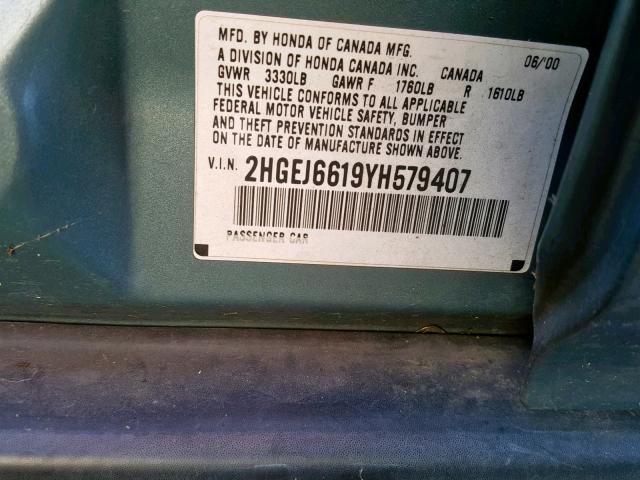 2HGEJ6619YH579407 - 2000 HONDA CIVIC BASE Boz foto 10