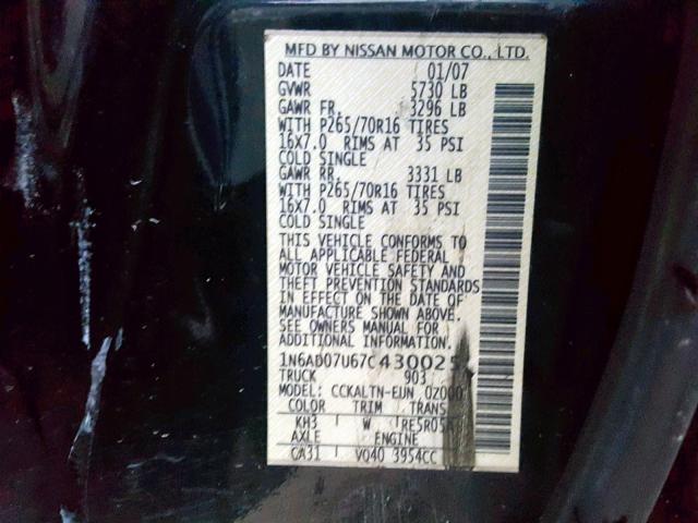 1N6AD07U67C430025 - 2007 NISSAN FRONTIER C BLACK photo 10