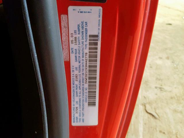 3VWCD21C93M442778 - 2003 VOLKSWAGEN NEW BEETLE Qırmızı foto 10