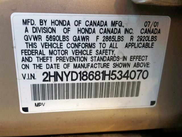 2HNYD18681H534070 - 2001 ACURA MDX TOURIN GOLD photo 10