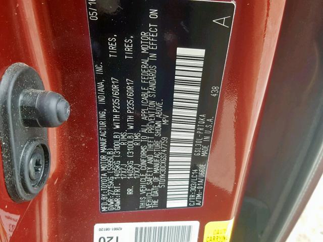 5TDYK3DCXGS747759 - 2016 TOYOTA SIENNA XLE RED photo 10