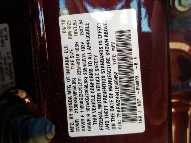 7FARW2H84JE050452 - 2018 HONDA CR-V EXL BURGUNDY photo 10