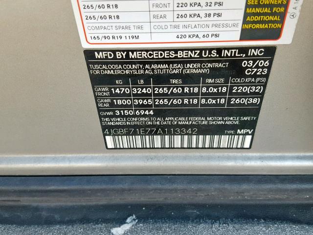 4JGBF71E77A113342 - 2007 MERCEDES-BENZ GL 450 4MA SILVER photo 10