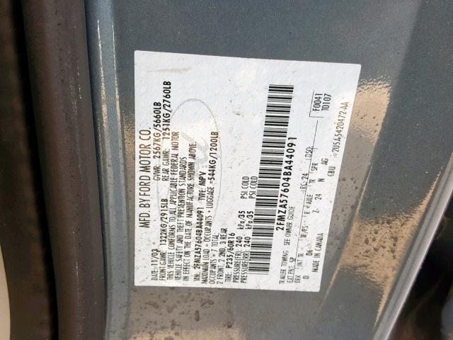 2FMZA57604BA44091 - 2004 FORD FREESTAR S BLUE photo 10