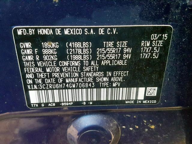 3CZRU6H74GM706843 - 2016 HONDA HR-V EXL BLUE photo 10