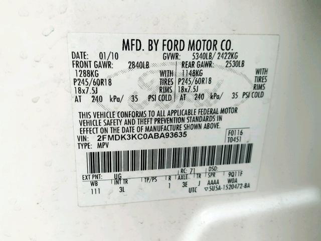 2FMDK3KC0ABA93635 - 2010 FORD EDGE LIMIT WHITE photo 10