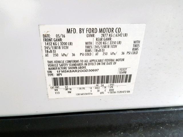 1FM5K8AR2GGD30697 - 2016 FORD EXPLORER P WHITE photo 10