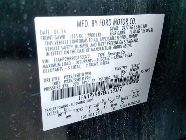 1FAHP2H89EG153372 - 2014 FORD TAURUS SEL BLACK photo 10