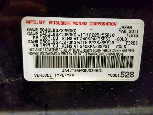 JA4JT3AWXBU034601 - 2011 MITSUBISHI OUTLANDER BLUE photo 10