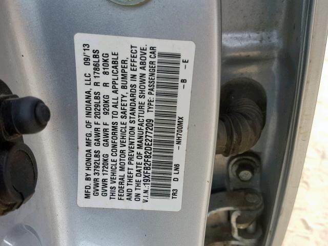 19XFB2F82DE277209 - 2013 HONDA CIVIC EX SILVER photo 10