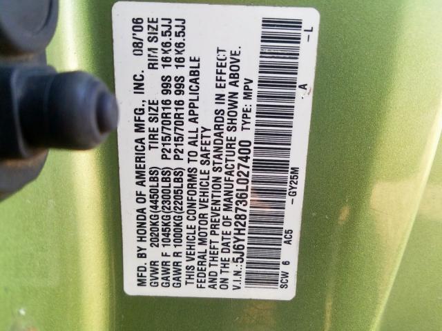 5J6YH28736L027400 - 2006 HONDA ELEMENT EX GREEN photo 10