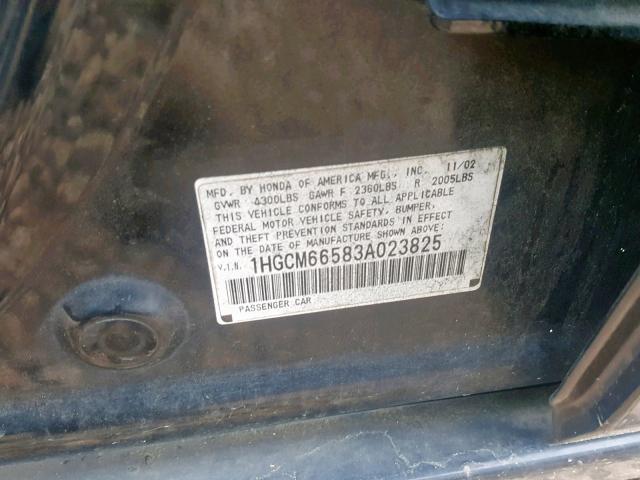 1HGCM66583A023825 - 2003 HONDA ACCORD BLACK photo 10