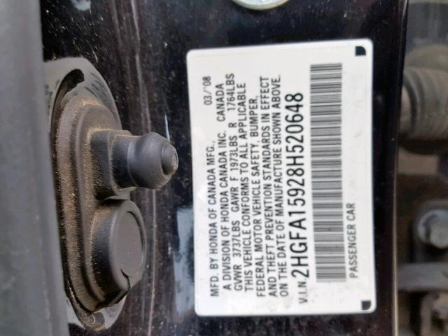 2HGFA15928H520648 - 2008 HONDA CIVIC EXL BLACK photo 10