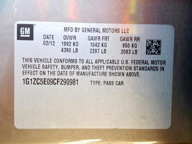 1G1ZC5E09CF290981 - 2012 CHEVROLET MALIBU 1LT GRAY photo 10