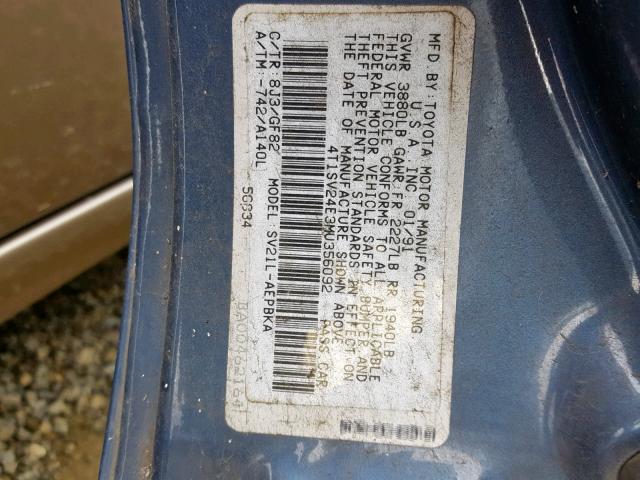 4T1SV24E3MU356092 - 1991 TOYOTA CAMRY BLUE photo 10