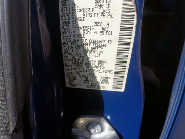 5N1ED28T51C545689 - 2001 NISSAN XTERRA XE BLUE photo 10