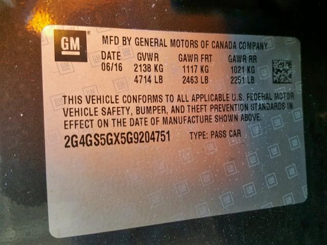 2G4GS5GX5G9204751 - 2016 BUICK REGAL PREM GRAY photo 10