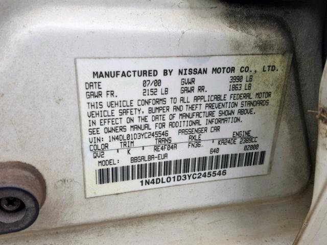 1N4DL01D3YC245546 - 2000 NISSAN ALTIMA XE WHITE photo 10