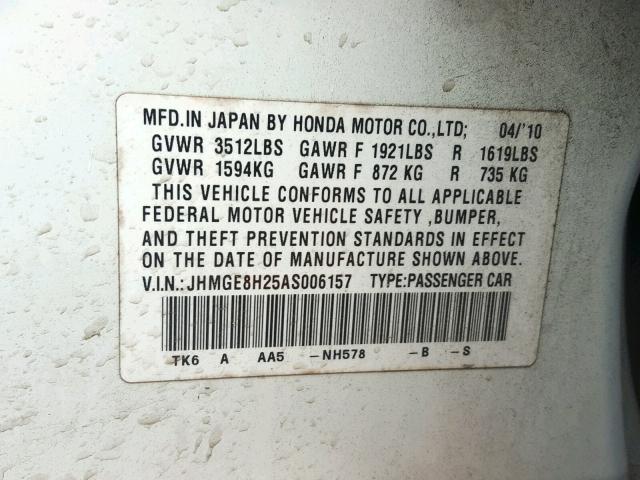 JHMGE8H25AS006157 - 2010 HONDA FIT WHITE photo 10