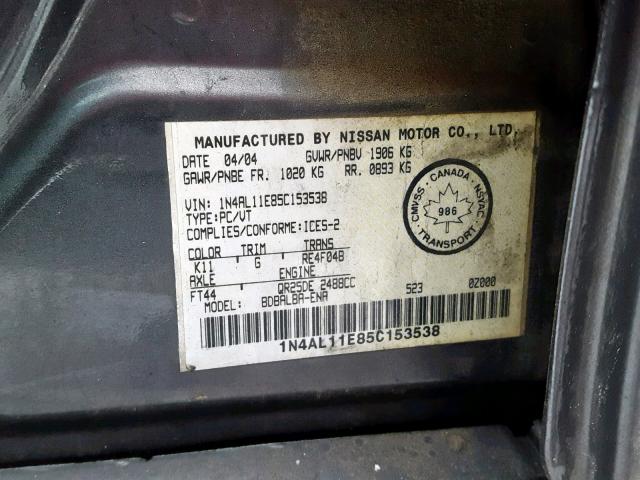 1N4AL11E85C153538 - 2005 NISSAN ALTIMA S GRAY photo 10