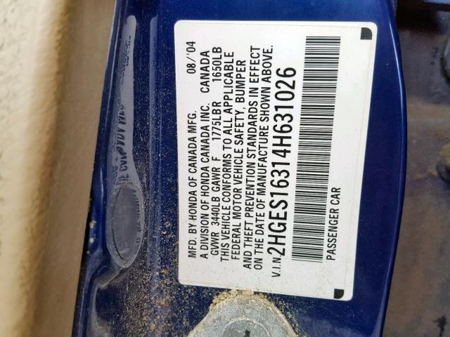 2HGES16314H631026 - 2004 HONDA CIVIC DX V BLUE photo 10