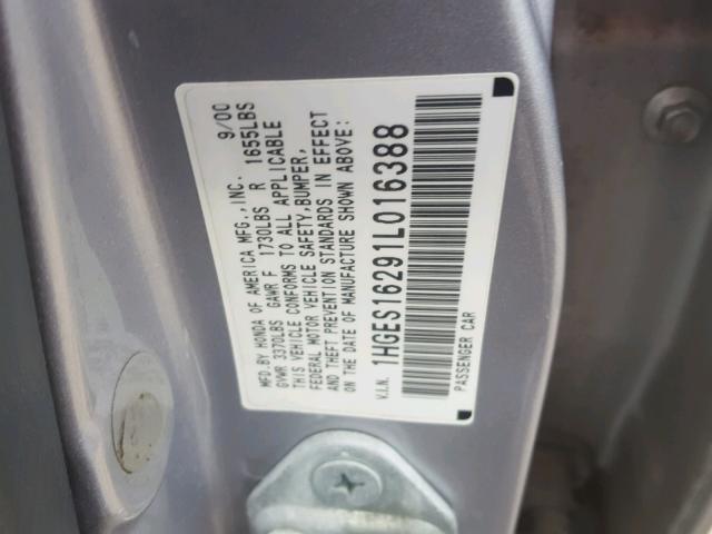 1HGES16291L016388 - 2001 HONDA CIVIC DX SILVER photo 10