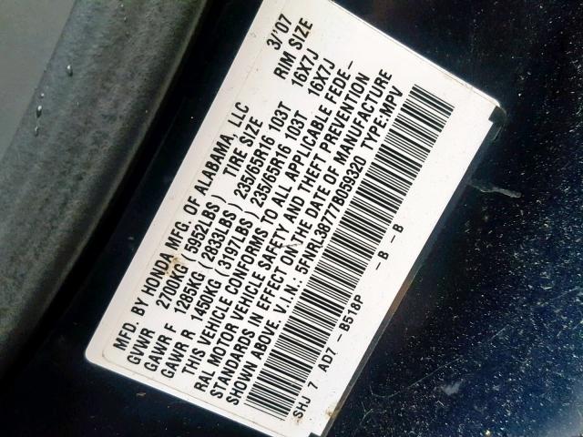 5FNRL38777B059320 - 2007 HONDA ODYSSEY EX BLUE photo 10