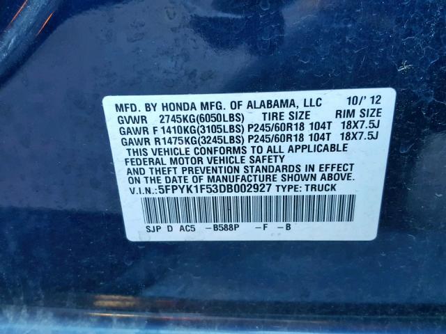 5FPYK1F53DB002927 - 2013 HONDA RIDGELINE BLUE photo 11