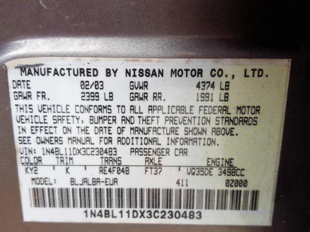 1N4BL11DX3C230483 - 2003 NISSAN ALTIMA SE TAN photo 10