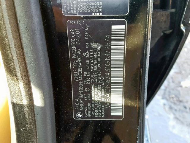 WBADN63431GM72574 - 2001 BMW 540 I AUTO BLACK photo 10