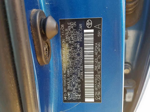 JTDBL40E799088864 - 2009 TOYOTA COROLLA BA BLUE photo 10