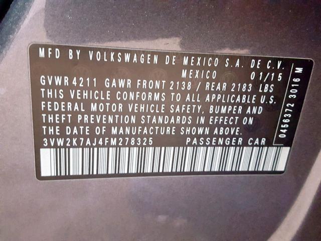 3VW2K7AJ4FM278325 - 2015 VOLKSWAGEN JETTA BASE Գրաֆիտ լուսանկար 10